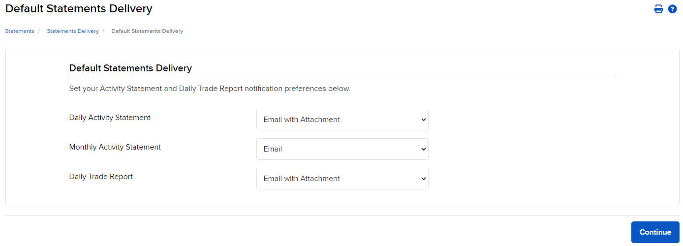Image of the default statements delivery panel in Portal. 